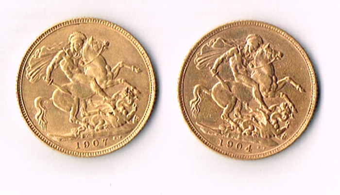Edward VII gold sovereigns 1904 and 1907. at Whyte's Auctions