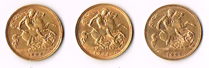 Edward VII gold half sovereigns 1902,1905 and 1906 at Whyte's Auctions