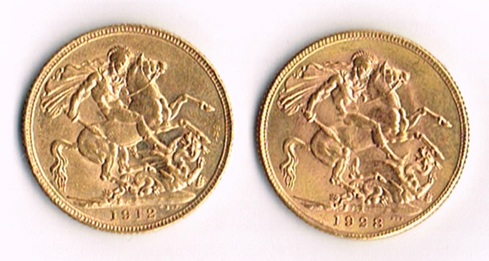 George V gold sovereigns 1912 and 1928 at Whyte's Auctions