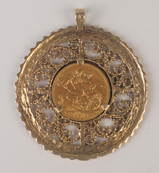 George V sovereign 1912 in a decorative gold mount. at Whyte's Auctions