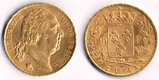 France Louis XVIII gold twenty francs 1822. at Whyte's Auctions