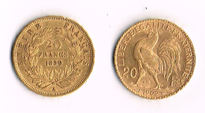 France gold twenty francs 1859 and 1902. at Whyte's Auctions