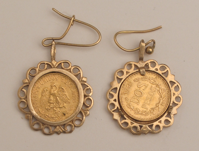 Mexico - Gold two pesos, 1945, set in a pair of earrings. at Whyte's Auctions