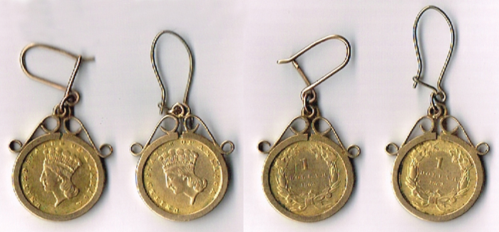 USA gold Indian head" dollars 1862 - set in a pair of earrings" at Whyte's Auctions