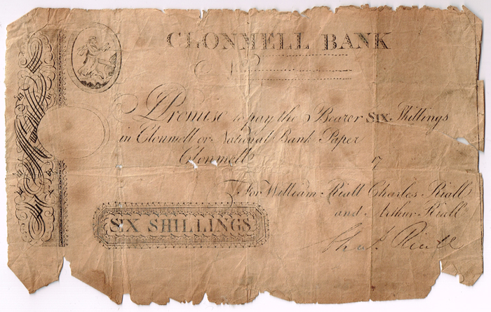 Clonmell Bank [Clonmel] (William Riall) Six Shillings, circa 1790, unissued. at Whyte's Auctions