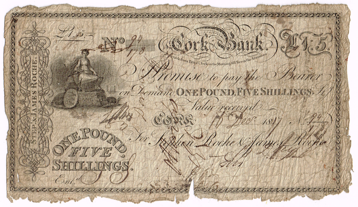 Cork Bank (Roche's Bank) One Pound Five Shillings, 16 Decr. 1817. at Whyte's Auctions