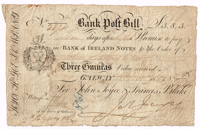 Galway (Joyce & Blake) Bank Post Bill Three Guineas, 9 Nov 1812 at Whyte's Auctions