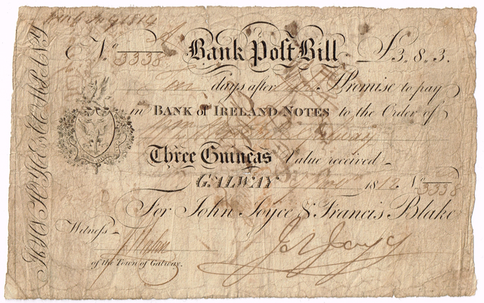 Galway Bank (Joyce & Blake) Bank Post Bill Three Guineas, 9 Nov. 1812. at Whyte's Auctions