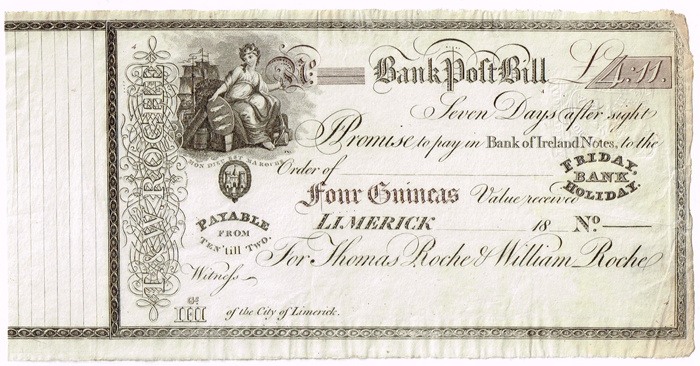 Limerick Bank (Thomas & William Roche) Four Guineas unissued Post Bill. at Whyte's Auctions