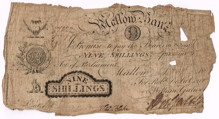 Mallow Bank Nine Shillings, Circa 1801. at Whyte's Auctions