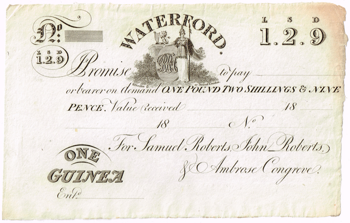 Waterford Bank (Roberts, Roberts & Congreve) One Guinea unissued. at Whyte's Auctions