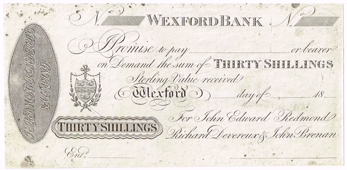 Wexford Bank (Redmond, Devereux & Brenan) Thirty Shillings unissued. at Whyte's Auctions
