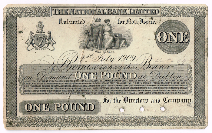 National Bank General Issue One Pound, 1st July 1909. Perkins Bacon proof on card. at Whyte's Auctions