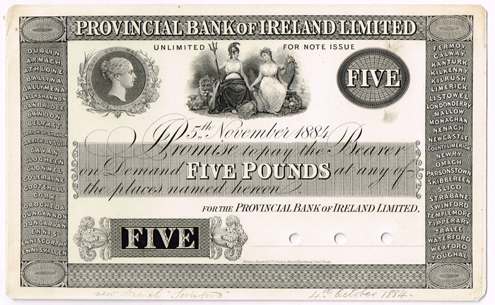 Provincial Bank of Ireland General Issue Five Pounds 5th November 1884 proof on card. at Whyte's Auctions