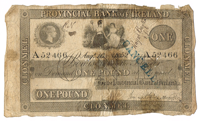 Provincial Bank of Ireland Clonmel One Pound Augt. 16 1852 at Whyte's Auctions