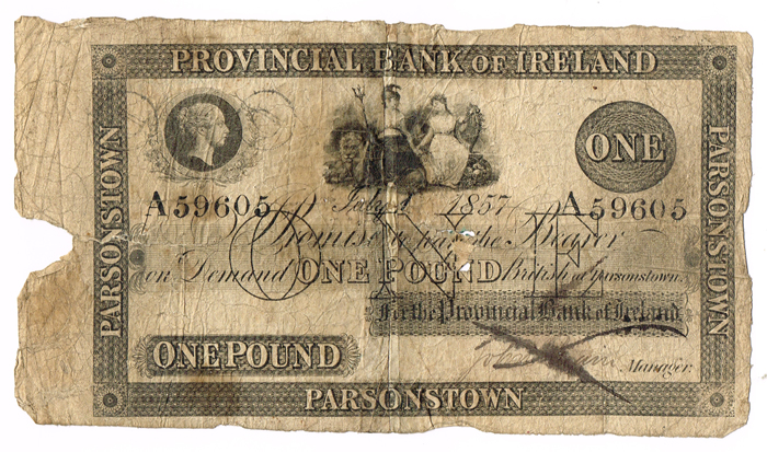Provincial Bank of Ireland Parsonstown One Pound, July 1 1857 at Whyte's Auctions