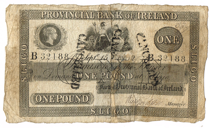 Provincial Bank of Ireland Sligo One Pound, Septr. 15 1852. at Whyte's Auctions