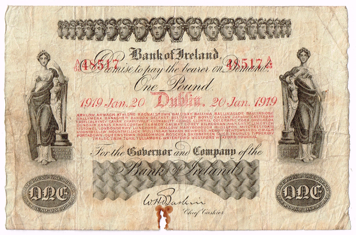 Bank of Ireland Dublin One Pound Jan. 20, 1919, during The War of Independence. at Whyte's Auctions