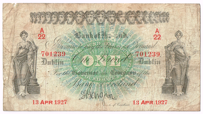 Bank of Ireland Dublin One Pound 13 Apr 1927 Irish Free State issue. at Whyte's Auctions