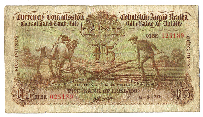 Currency Commission Consolidated Banknote 'Ploughman' Bank of Ireland Five Pounds, 6-5-29. at Whyte's Auctions
