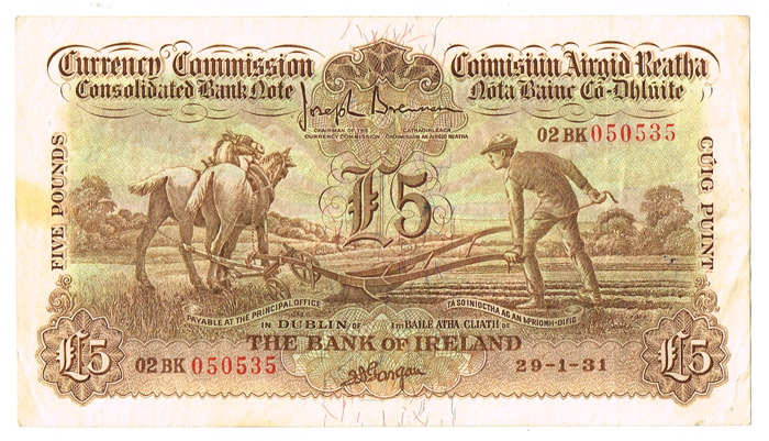 Currency Commission Consolidated Banknote 'Ploughman' Bank of Ireland Five Pounds, 29-1-31. at Whyte's Auctions