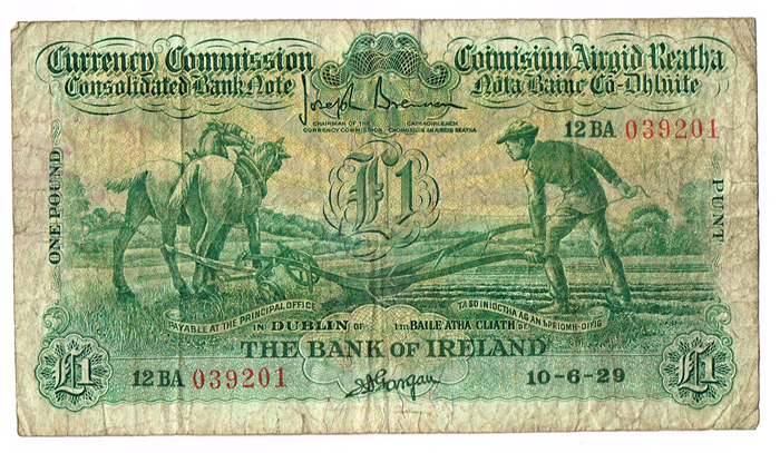 Currency Commission Consolidated Banknote 'Ploughman' Bank of Ireland One Pound, 10-6-29. at Whyte's Auctions