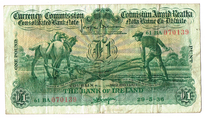 Currency Commission Consolidated Banknote 'Ploughman' Bank of Ireland One Pound, 29-5-36. at Whyte's Auctions