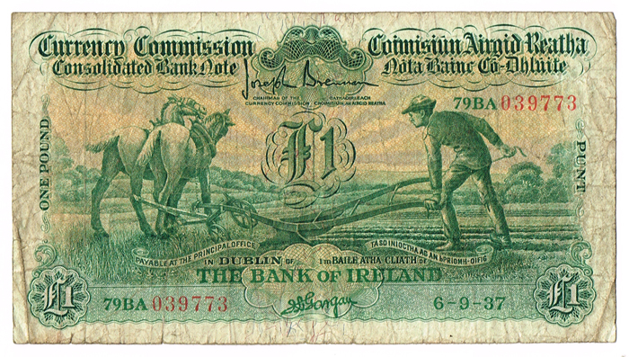 Currency Commission Consolidated Banknote 'Ploughman' Bank of Ireland One Pound, 6-9-37. at Whyte's Auctions
