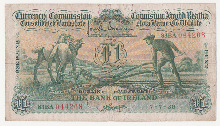 Currency Commission Consolidated Banknote 'Ploughman' Bank of Ireland One Pound 7-7-38. at Whyte's Auctions