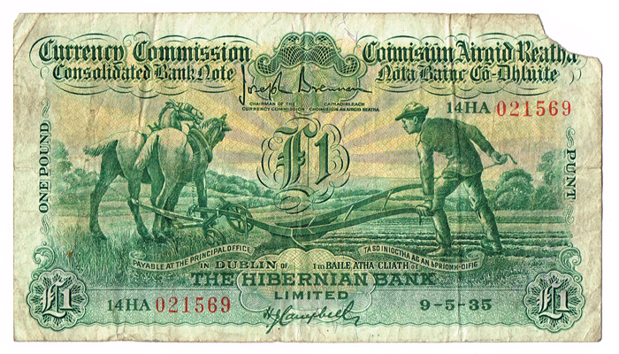 Currency Commission Consolidated Banknote 'Ploughman' Hibernian Bank One Pound, 9-5-35 at Whyte's Auctions