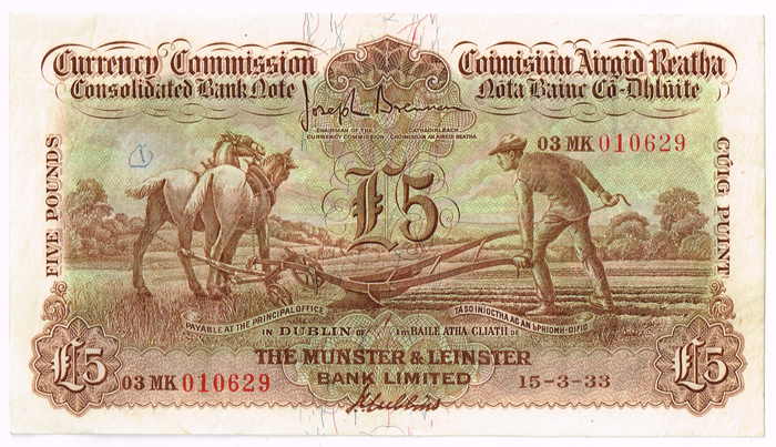Currency Commission Consolidated Banknote 'Ploughman' Munster & Leinster Bank Five Pounds, 15-3-33. at Whyte's Auctions