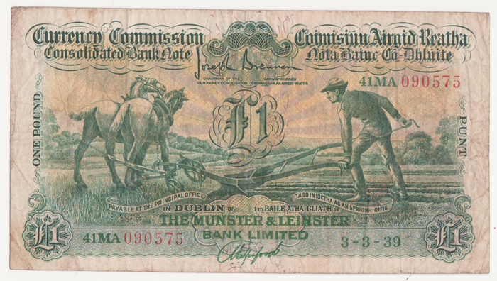 Currency Commission Consolidated Banknote 'Ploughman' Munster & Leinster Bank One Pound 3-3-39. at Whyte's Auctions