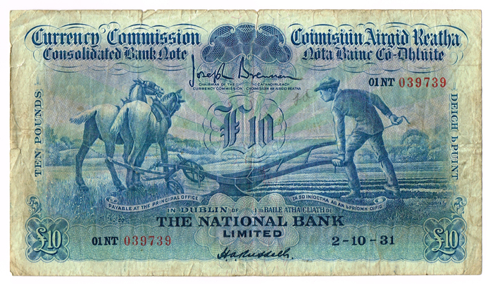 Currency Commission Consolidated Banknote 'Ploughman' National Bank Ten Pounds 2-10-31. at Whyte's Auctions