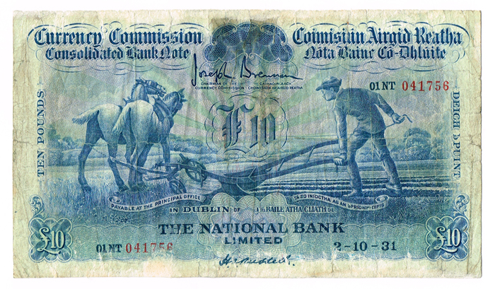 Currency Commission Consolidated Banknote 'Ploughman' National Bank Ten Pounds, 2-10-31. at Whyte's Auctions