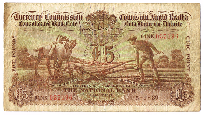 Currency Commission Consolidated Banknote 'Ploughman' National Bank Five Pounds, 5-1-39. at Whyte's Auctions