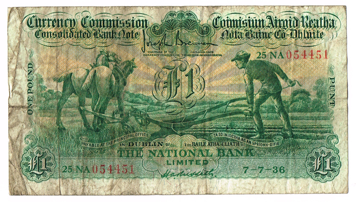 Currency Commission Consolidated Banknote 'Ploughman' National Bank One Pound, 7-7-36. at Whyte's Auctions