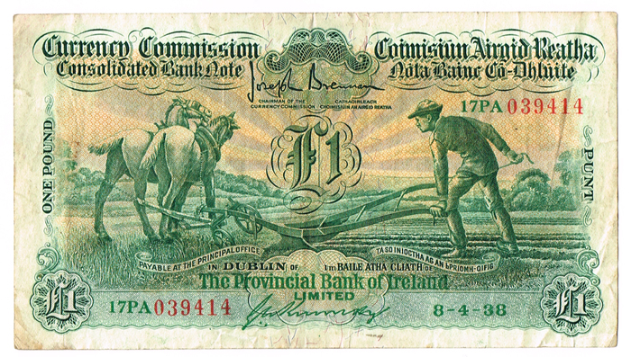 Currency Commission Consolidated Banknote 'Ploughman' Provincial Bank of Ireland One Pound, 8-4-38. at Whyte's Auctions