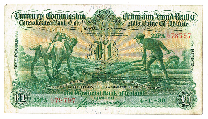 Currency Commission Consolidated Banknote 'Ploughman' Provincial Bank of Ireland One Pound, 4-11-39. at Whyte's Auctions