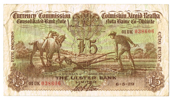 Currency Commission Consolidated Banknote 'Ploughman' Ulster Bank Five Pounds, 6-5-29. at Whyte's Auctions