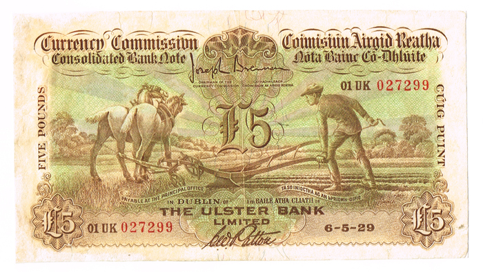 Currency Commission Consolidated Banknote 'Ploughman' Ulster Bank Five Pounds, 6-5-29. at Whyte's Auctions