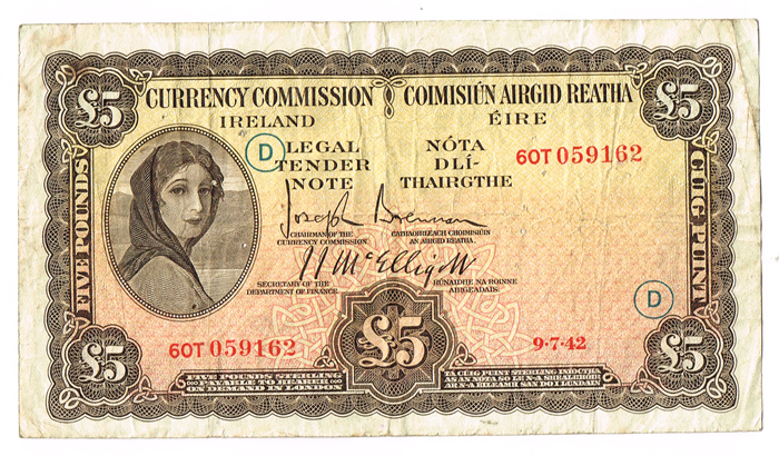 Currency Commission 'Lady Lavery' Five Pounds, 9-7-42, War Code D"." at Whyte's Auctions