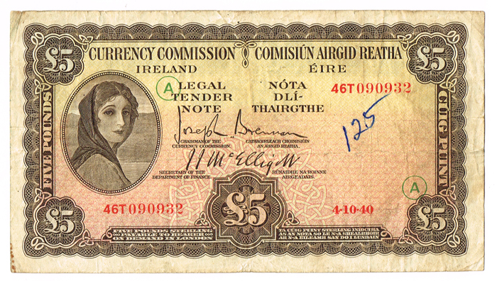 Central Bank 'Lady Lavery' Five Pounds 1940-42 War Codes. at Whyte's Auctions