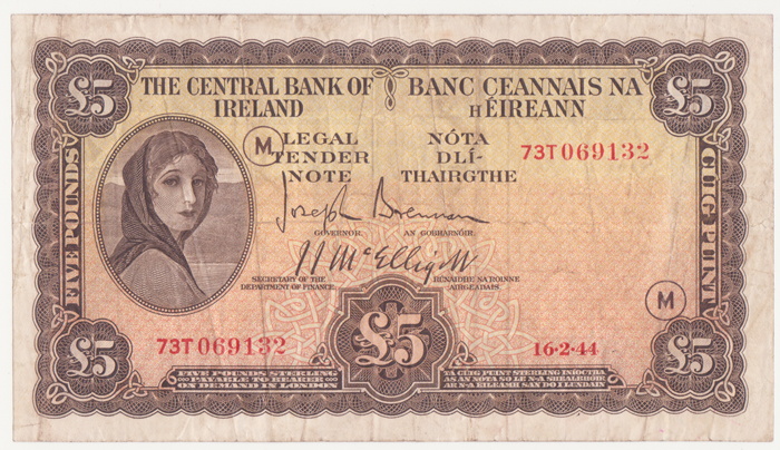 Central Bank 'Lady Lavery' Five Pounds War Code Issue 16-2-44. at Whyte's Auctions