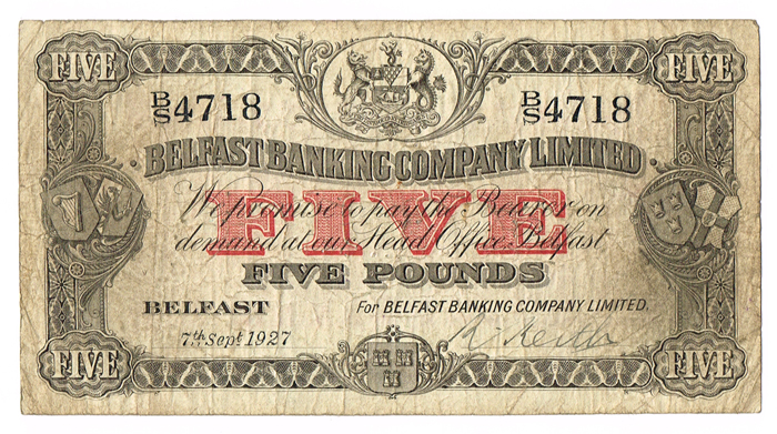 Belfast Banking Company Five Pounds, 7-9-27 at Whyte's Auctions