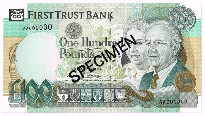 Northern Ireland First Trust Bank Ten Pounds to One Hundred Pounds 1 January 1998 overprinted SPECIMEN at Whyte's Auctions