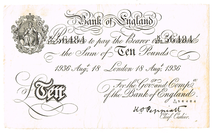 Bank of England Ten Pounds, Augt. 18 1936. at Whyte's Auctions