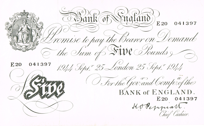 Bank of England Five Pounds, 1944-1955 collection. at Whyte's Auctions