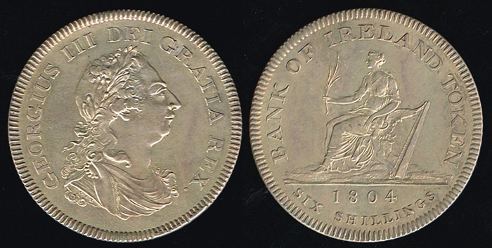 Ireland George III. Bank of Ireland six shillings silver token proof, 1804. at Whyte's Auctions