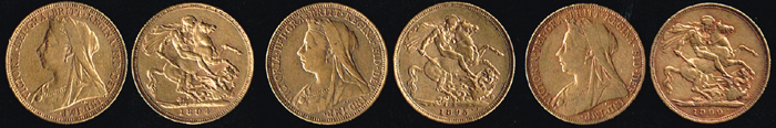 Victoria gold sovereigns, 1894, 1895 and 1900. (3) at Whyte's Auctions