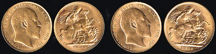 England. Edward VII gold sovereigns, 1908 and 1910. at Whyte's Auctions